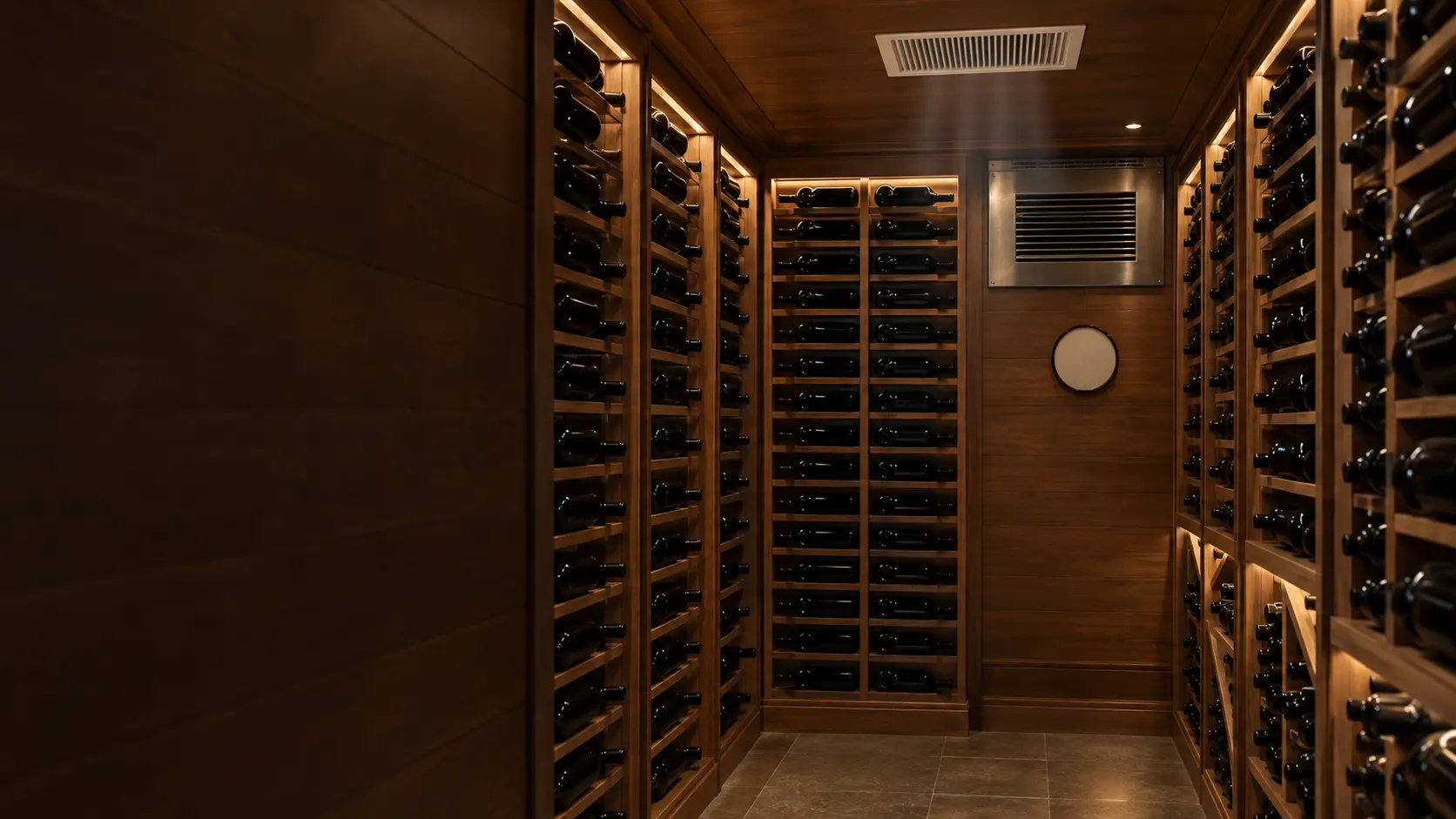 A ducted wine cellar with a white supply grille in the wood-paneled ceiling above tall racks of unlabeled bottles, a small wall clock with a plain face on the end panel and a faint shimmer of cool air below the grille.