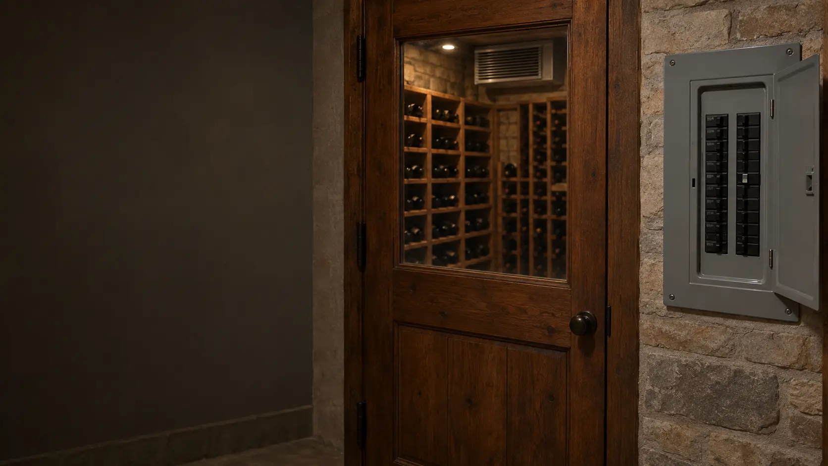An open gray electrical panel on a dry basement wall beside the closed wooden door of a wine cellar, one breaker switch sitting in the tripped middle position among a neat row of others, a small window in the cellar door showing dim racks of unlabeled bottles.
