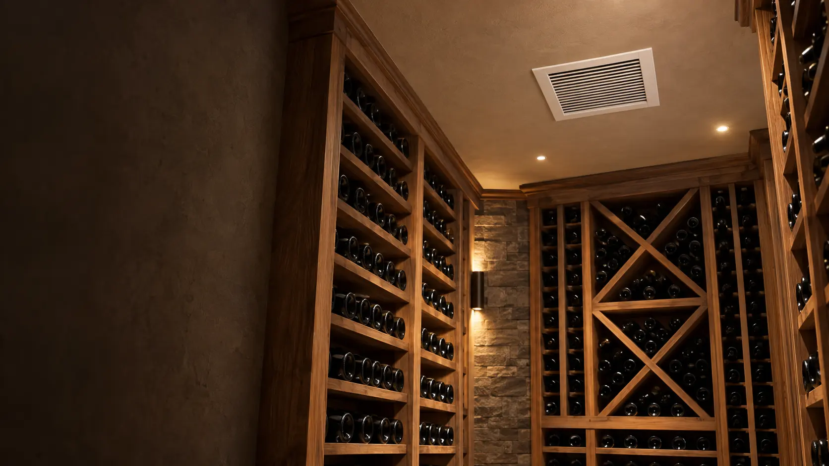 A square white cooling unit grille set flush in the plastered ceiling of a US home wine cellar, seen from below at an angle, with tall wooden racks of wine bottles along the walls, soft warm lighting.