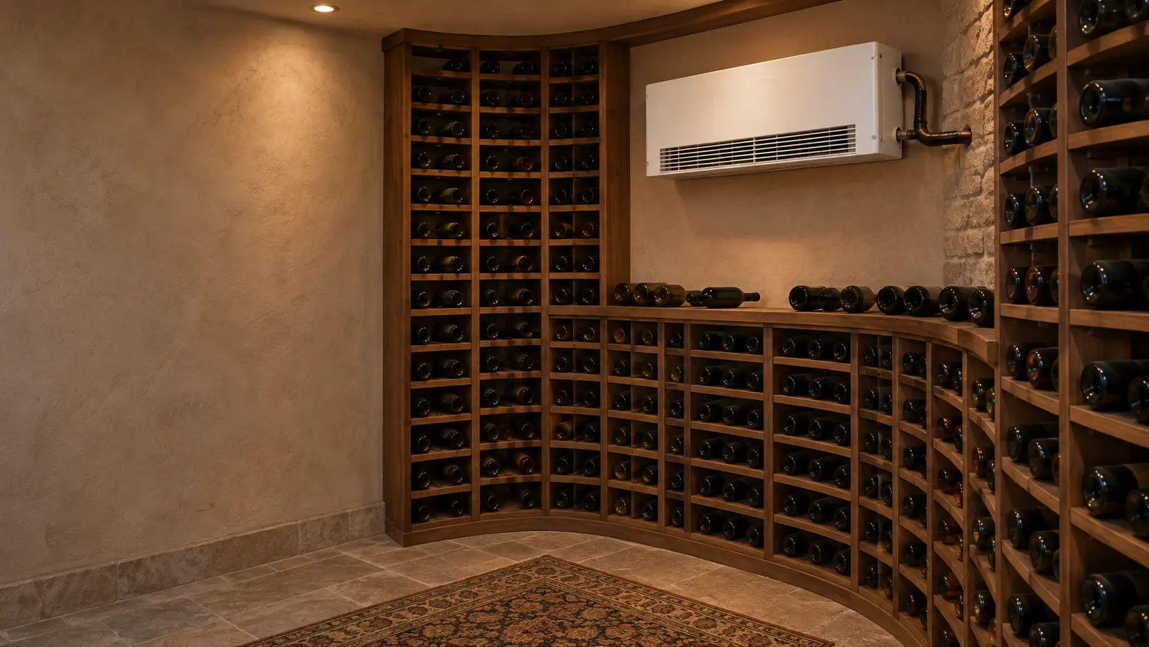 A slim white split-system wine cellar evaporator unit mounted high on a plastered wall of a US home wine cellar above curved wooden racks of wine bottles without labels, insulated copper lines entering the wall beside it, warm low lighting.