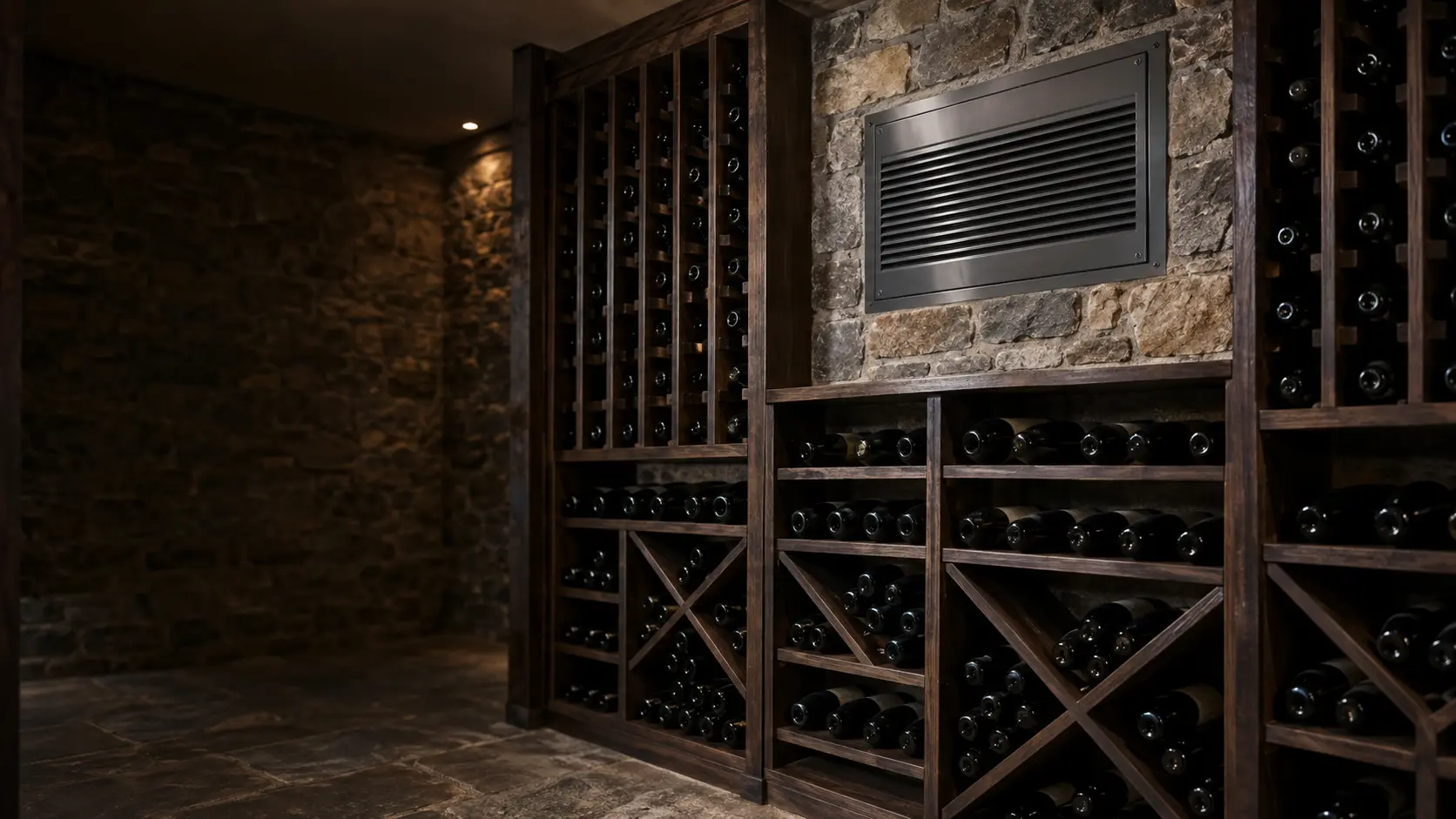 A wine cellar cooling unit set into the upper part of a stone wall in a US home wine cellar, its cellar-side grille flush with the wall above dark wood racks full of wine bottles, cool soft lighting.