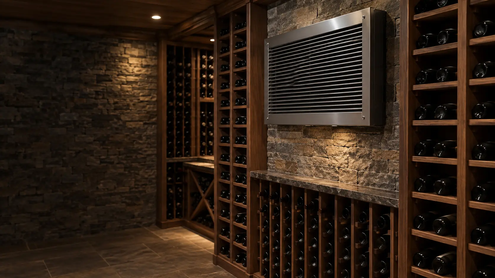 The louvered front grille of a cellar cooling unit filling the frame, soft light.