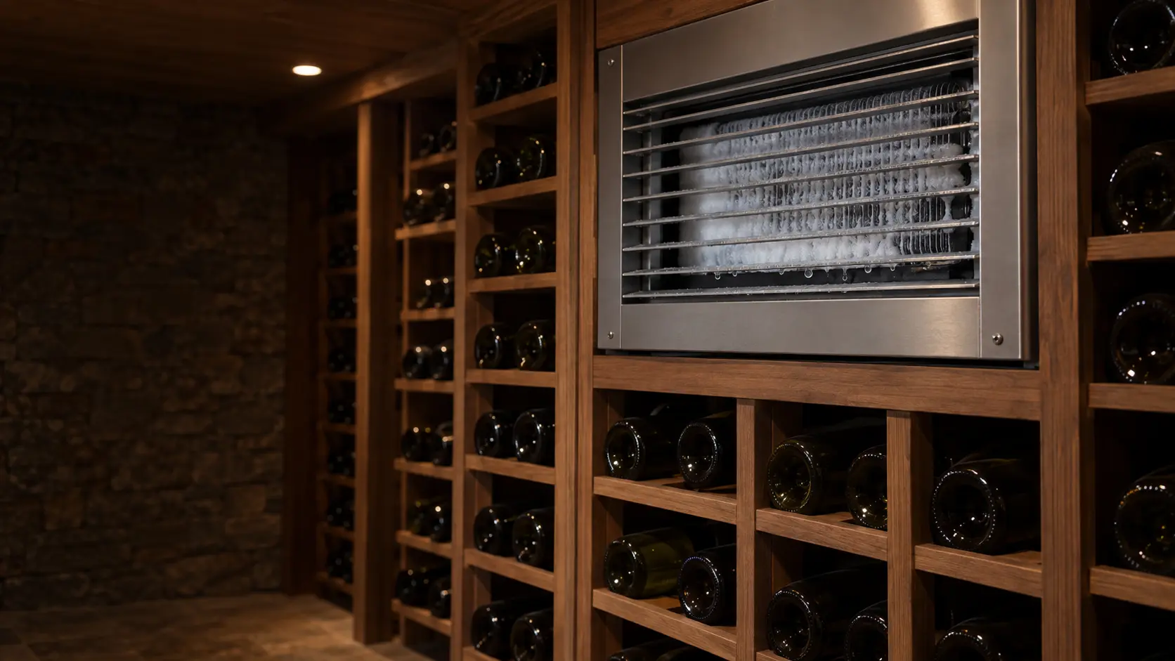 The evaporator coil of a wine cellar cooling unit seen through its supply grille, the aluminum fins crusted white with ice, a few drops gathering at the lower edge.