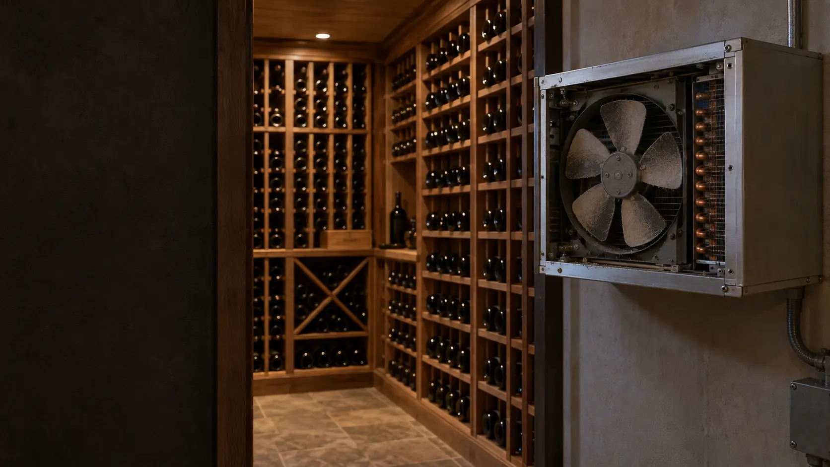 The exhaust side of a through-the-wall wine cellar cooling unit in a utility room, its rear grille removed to show a condenser fan whose blades are gray with dust.