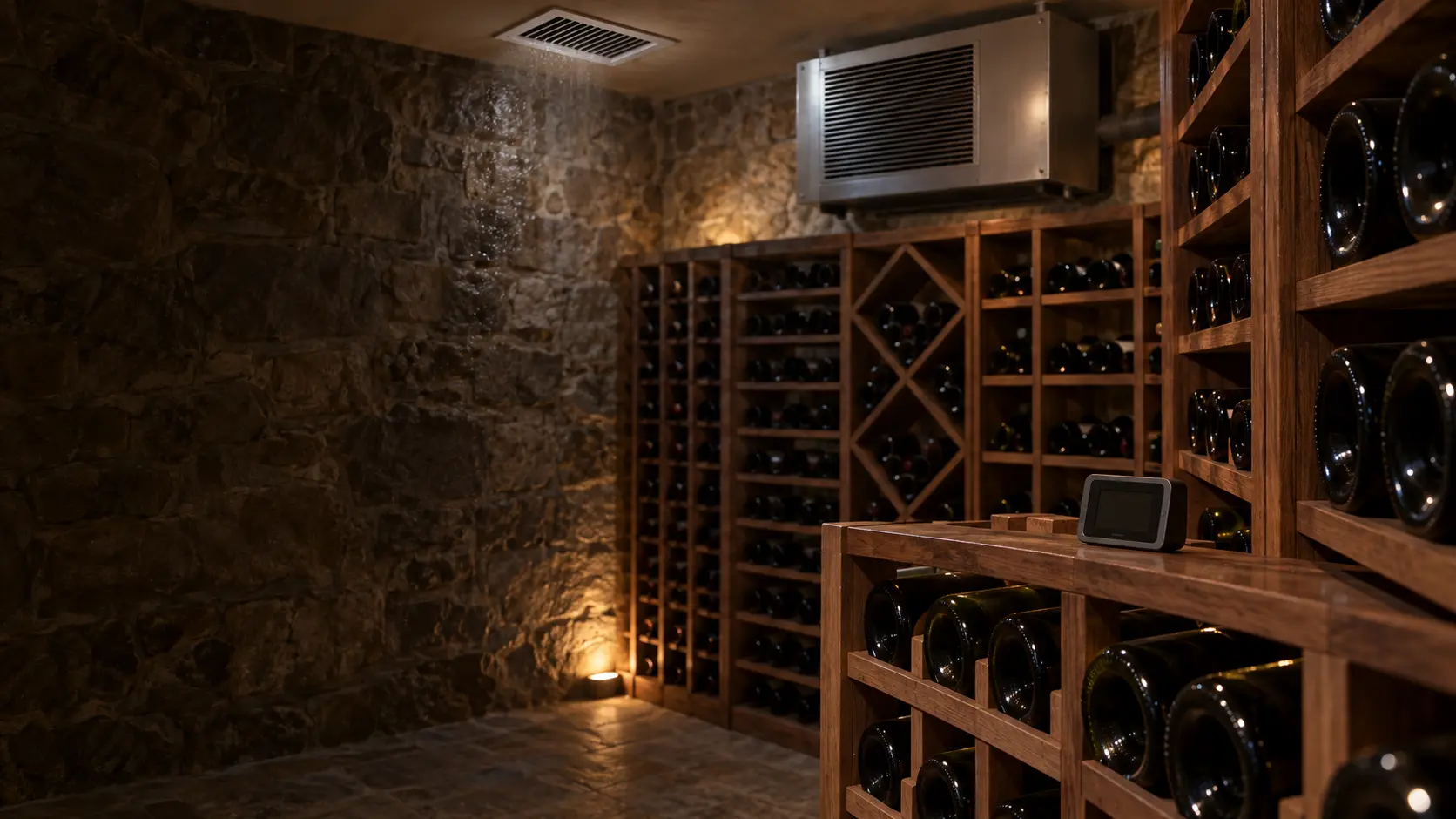 A small digital hygrometer resting on a wooden wine rack in a stone cellar, a faint film of moisture on the wall behind the bottles and the supply grille of the cooling unit above.