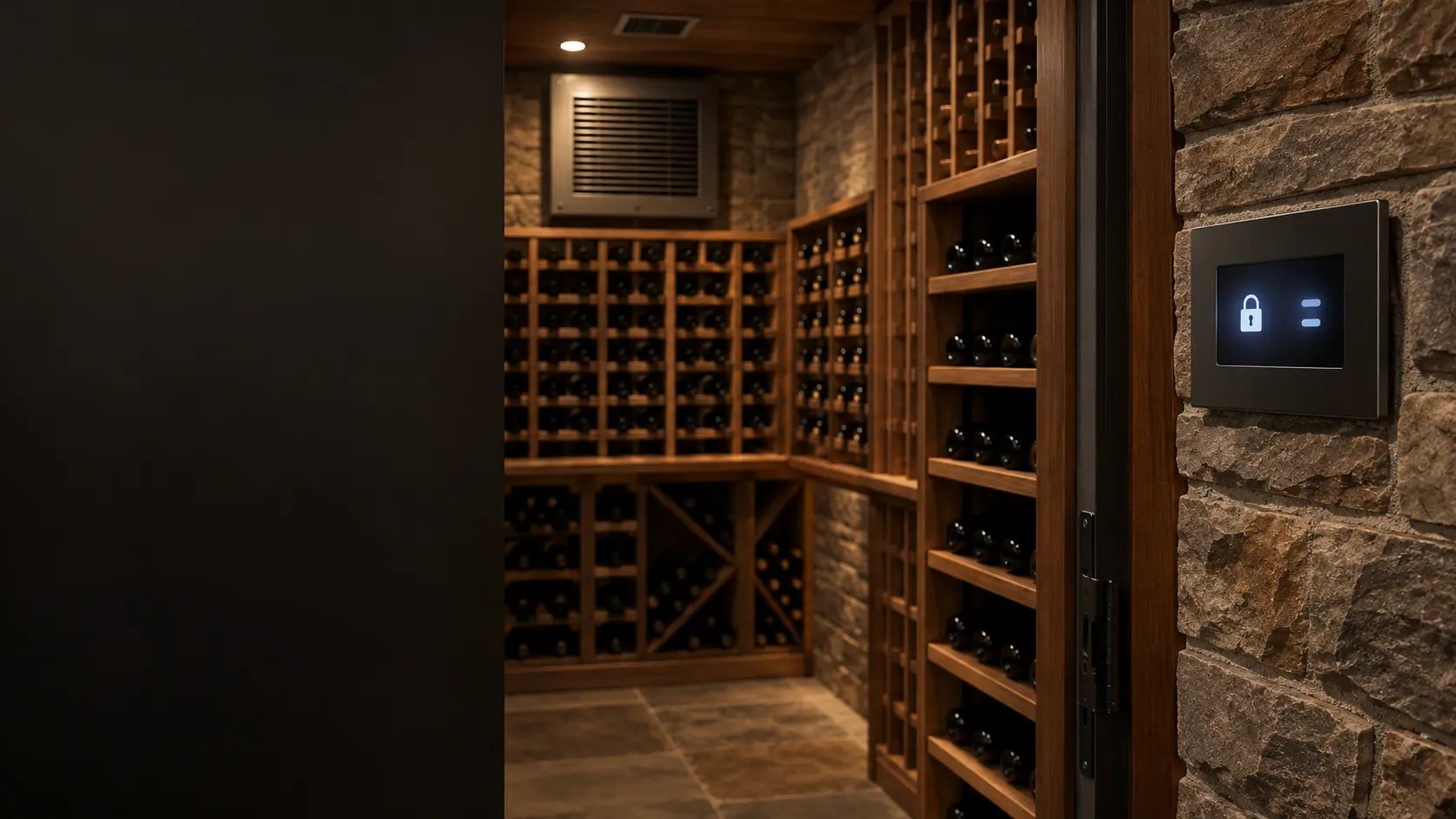 The small wall-mounted controller of a wine cellar cooling unit beside the cellar door, its display lit with a two-digit reading and a padlock symbol, wooden racks of unlabeled bottles in soft light behind it.