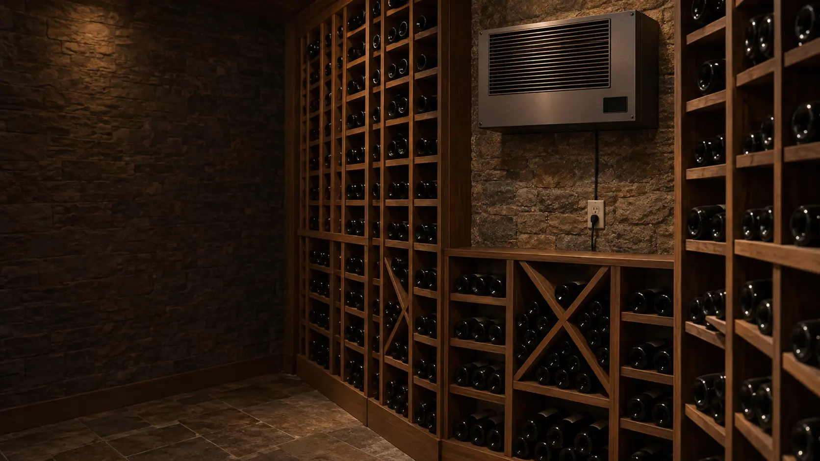 A wine cellar cooling unit's grille high on a wall with its small controller dark, the outlet below it and a thin cord running up to the housing, racks of unlabeled bottles in dim light.