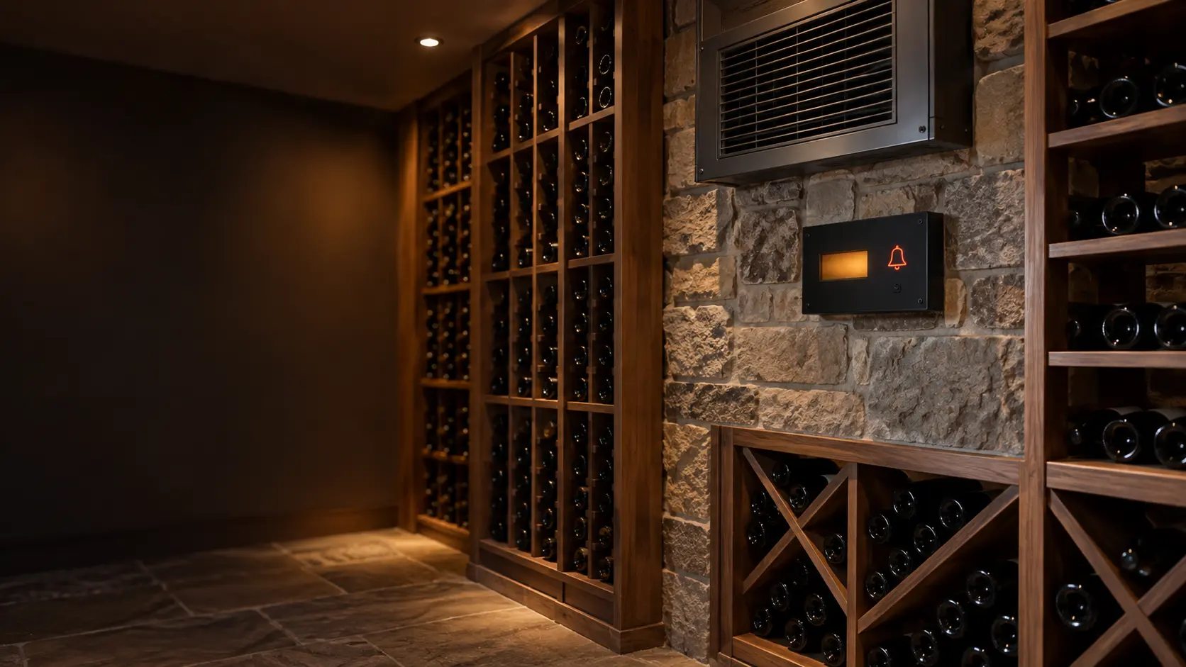 A wine cellar controller on a stone wall showing a warm two-digit reading with an alarm symbol lit, the cooling unit's grille above it and racks of unlabeled bottles to one side.