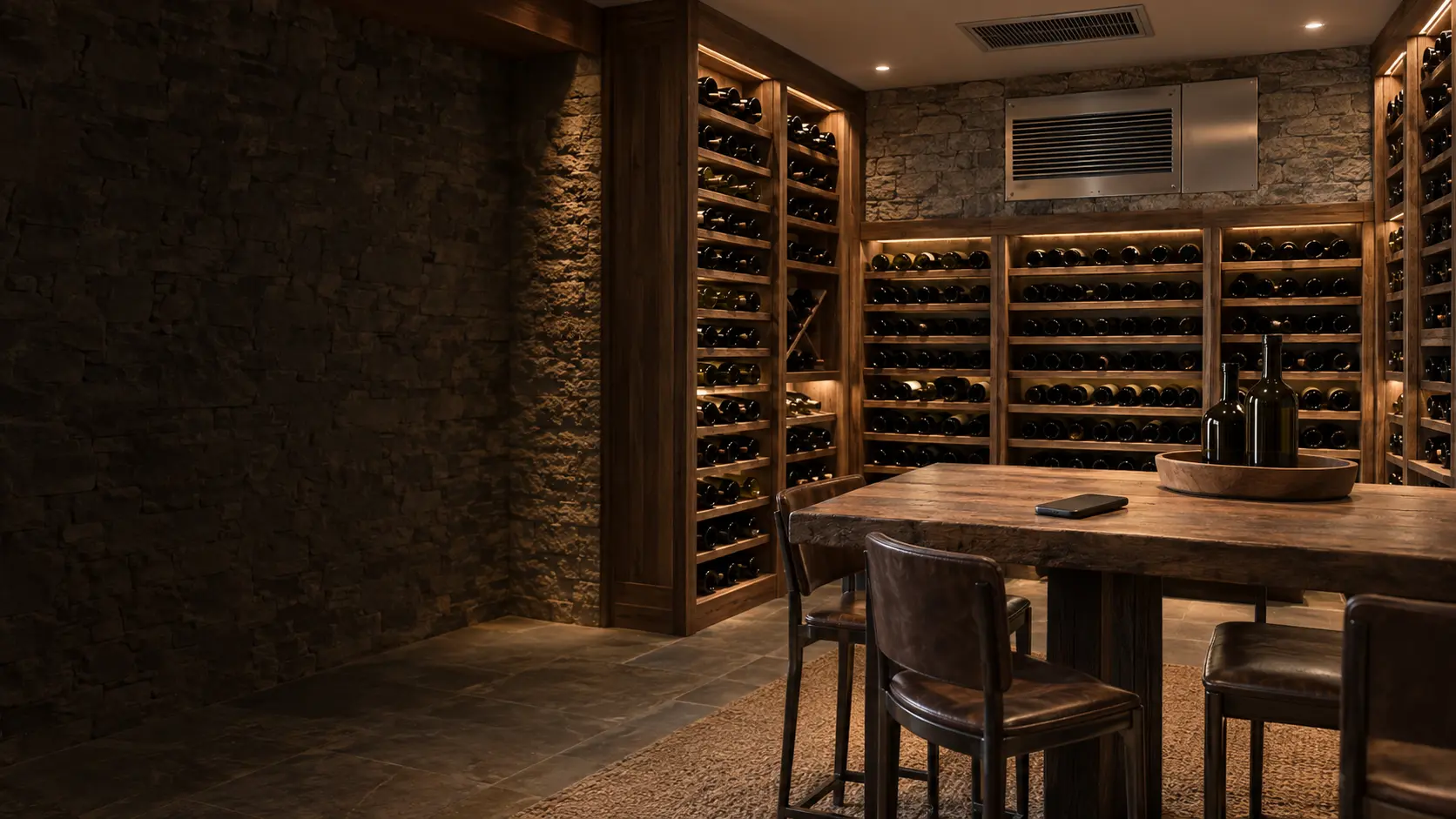 A tasting table in a wine cellar with a phone lying face down on it, soft light.