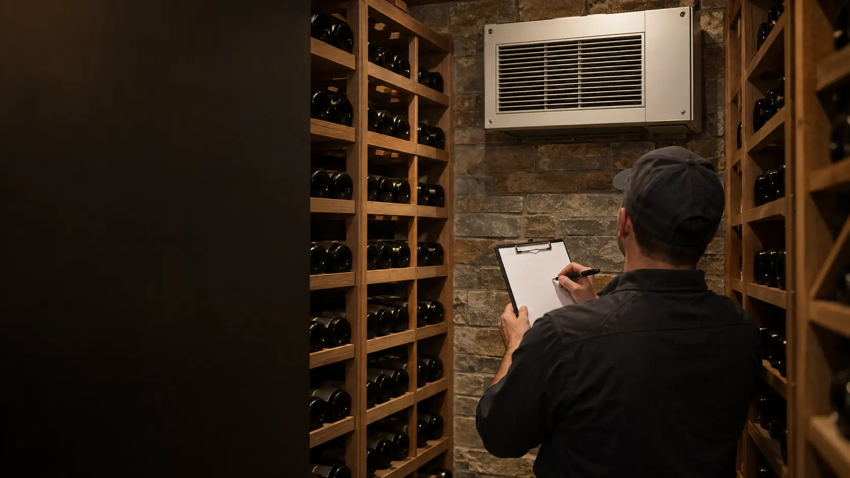 A technician writing on a blank clipboard in a wine cellar below a cooling unit, the page empty of any writing.