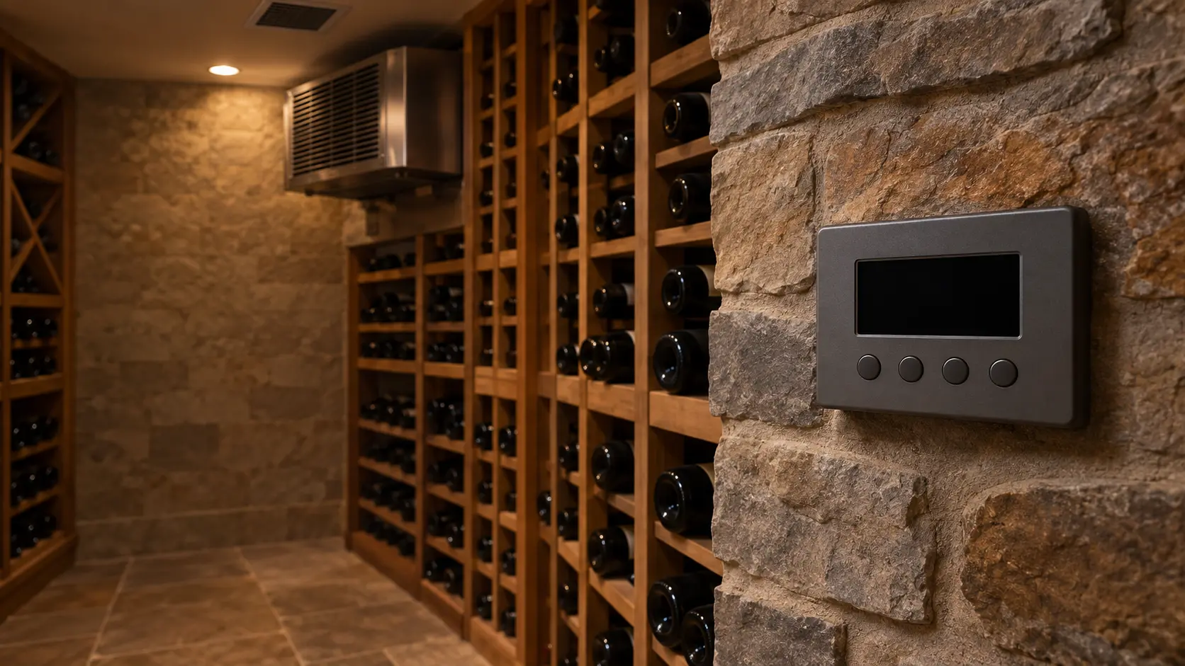 A small wall-mounted controller in a wine cellar seen close and square on.