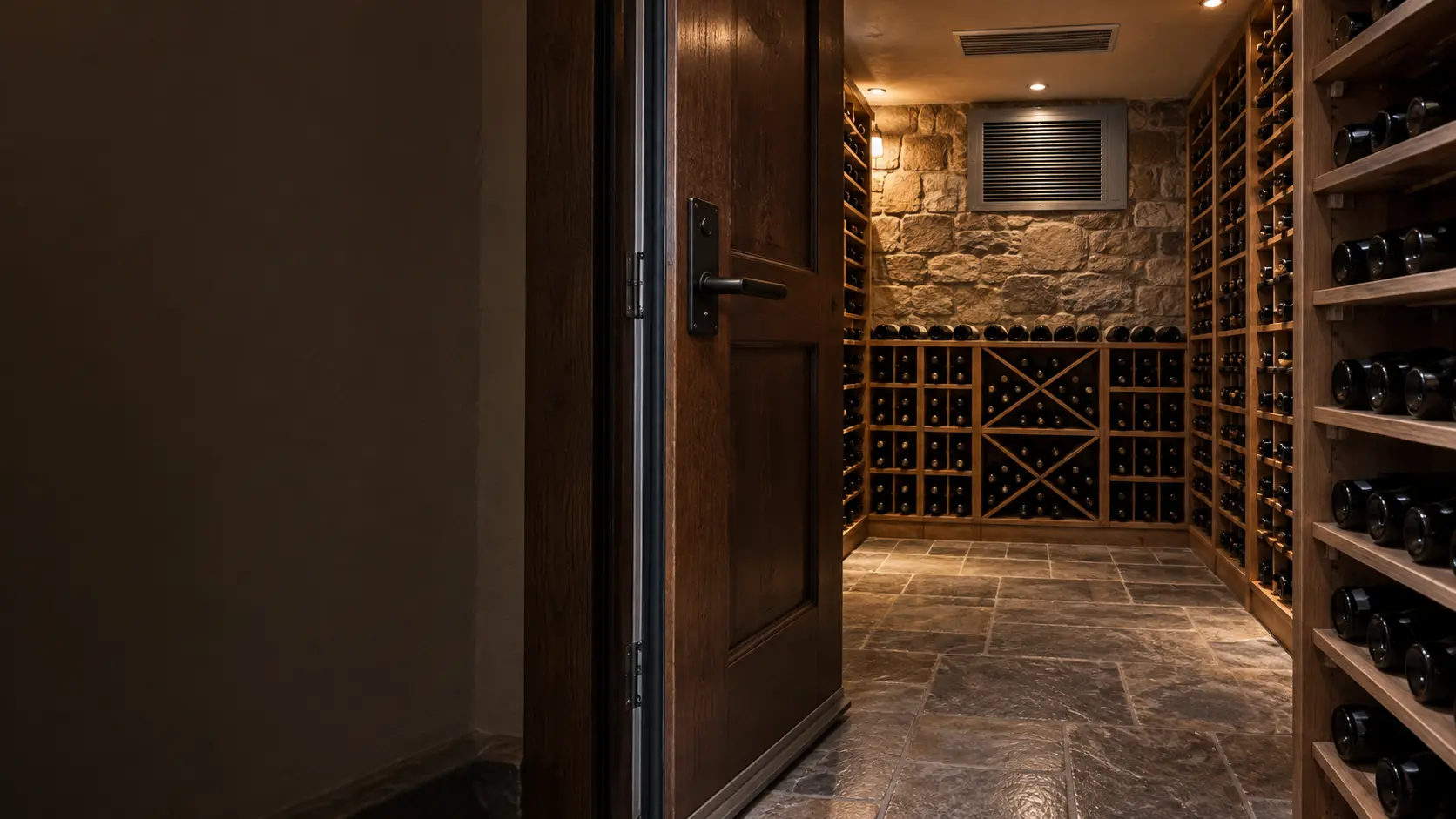 A solid insulated wine cellar door standing half open, its weatherstripped edge and bottom sweep visible, the cellar beyond with stone walls, wooden racks of bottles and a ducted supply grille in the ceiling.