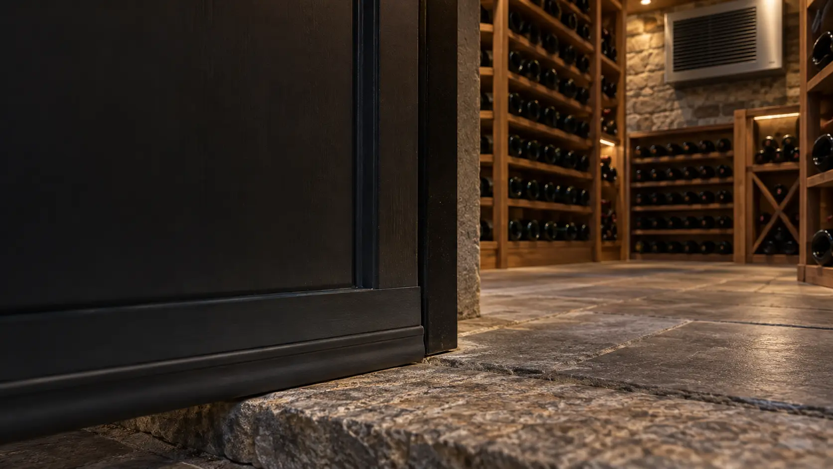 Close on the bottom edge of an exterior-grade cellar door with a rubber door sweep meeting a stone threshold.