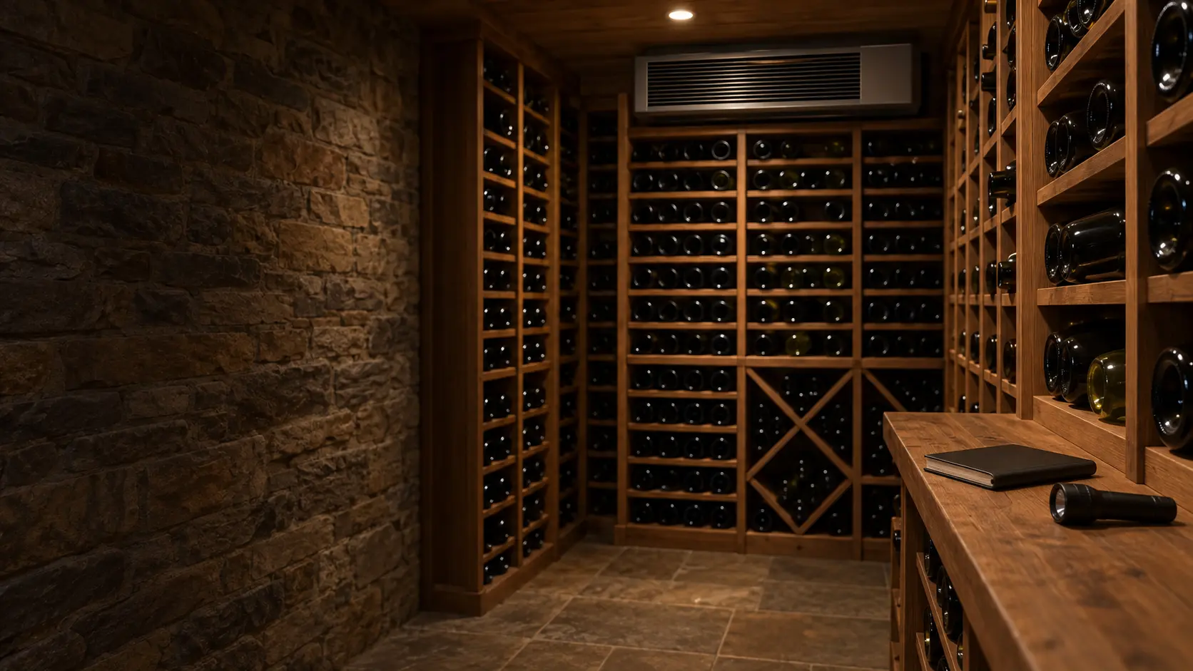 A quiet wood-racked wine cellar with unlabeled bottles, a closed notebook and a flashlight resting on a tasting ledge, and a split system's evaporator mounted high on the far wall.