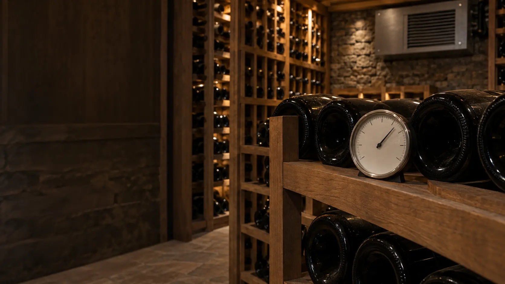 Close on a small hygrometer standing on a cellar rack shelf between unlabeled bottles, soft light from above.