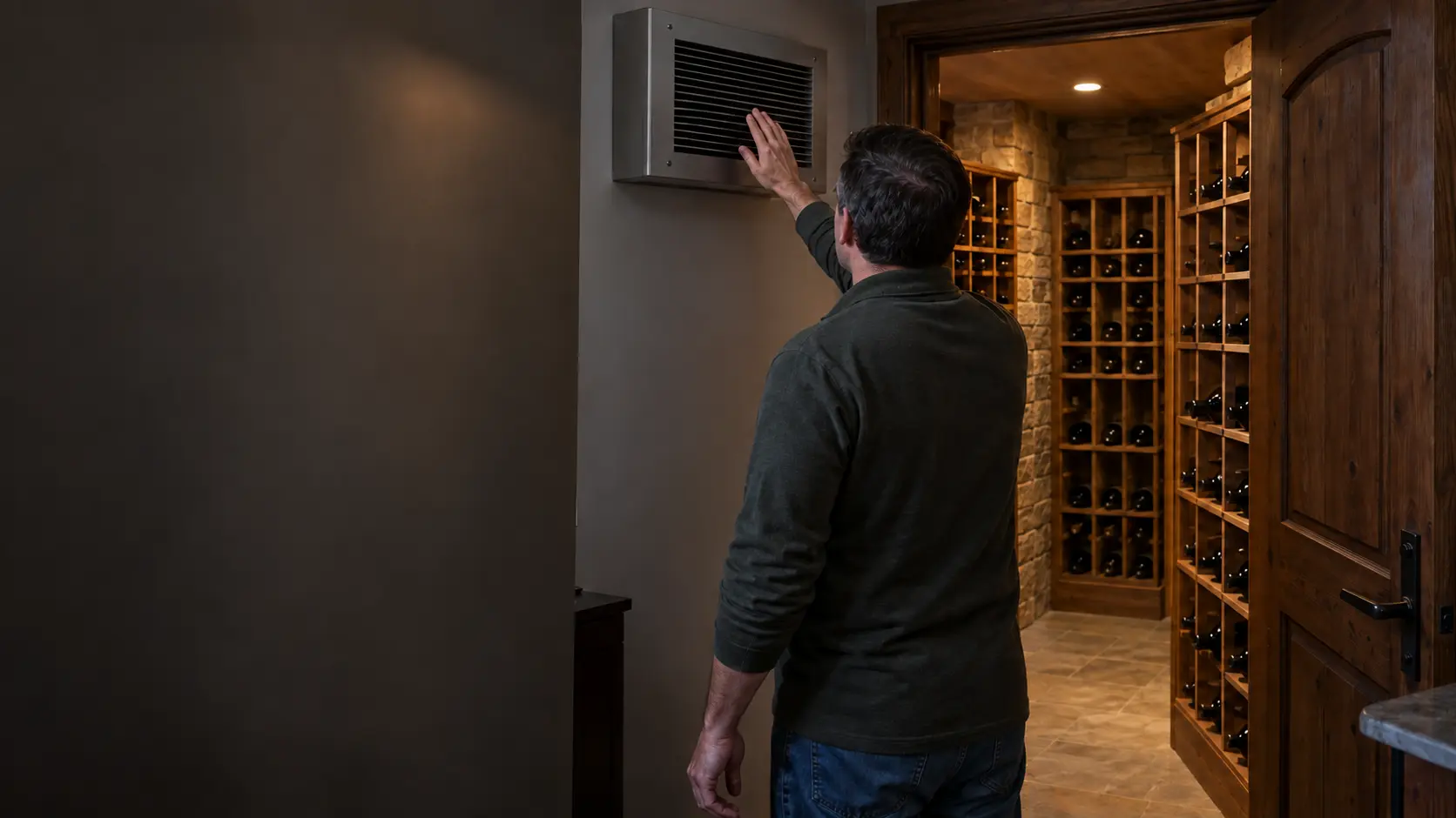 A homeowner in a utility room beside a wine cellar, one hand held flat in front of the exhaust-side grille of a through-the-wall cooling unit set high in the wall, the cellar's solid wood door open behind showing racks of bottles.
