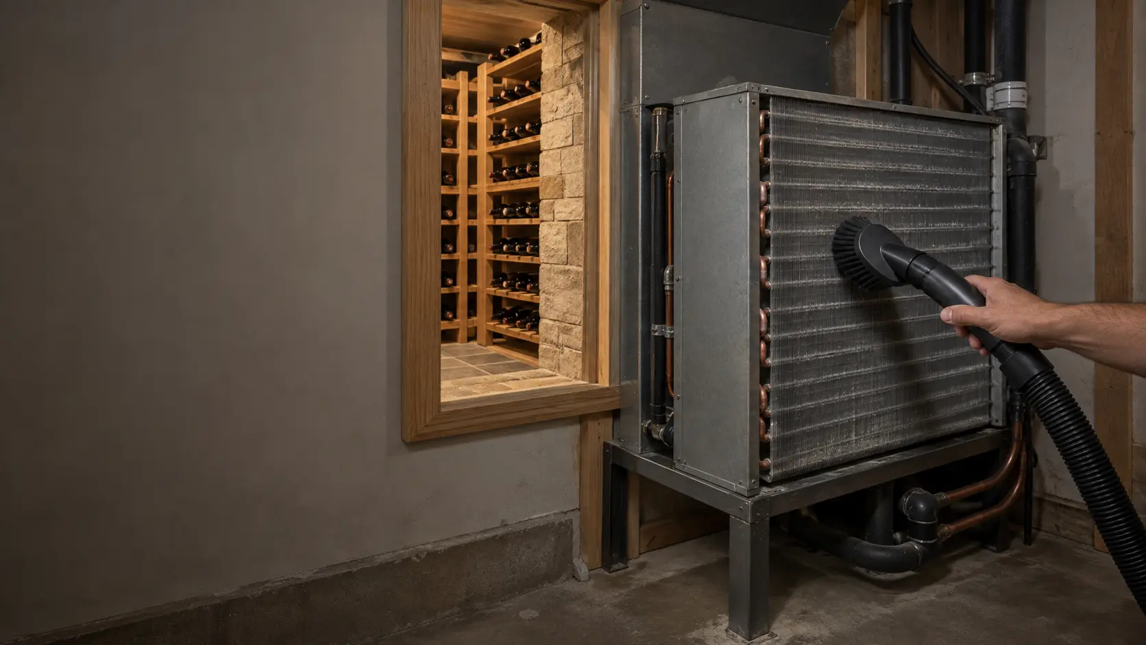 The plain utility room behind a wine cellar wall, the rear of a through-the-wall cooling unit showing its finned condenser coil with a vacuum's soft brush held near it, and through a small window in the wall a glimpse of racks of unlabeled bottles.