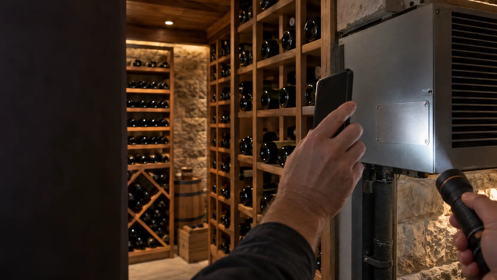 Seen from the exhaust room beside a wine cellar, a hand holding a phone up to the side of a through-the-wall cooling unit set high in the wall while a flashlight picks out a blank plate with no characters on its metal housing.