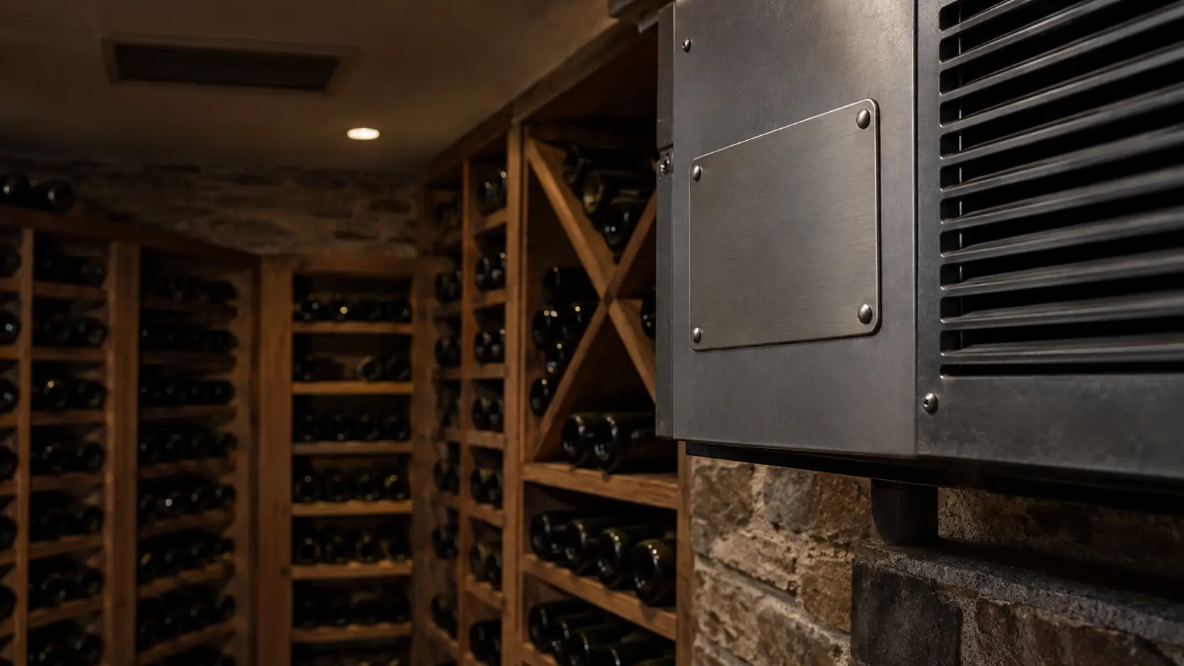 Close on a blank metal plate with no characters riveted to the side of a cellar cooling unit housing.