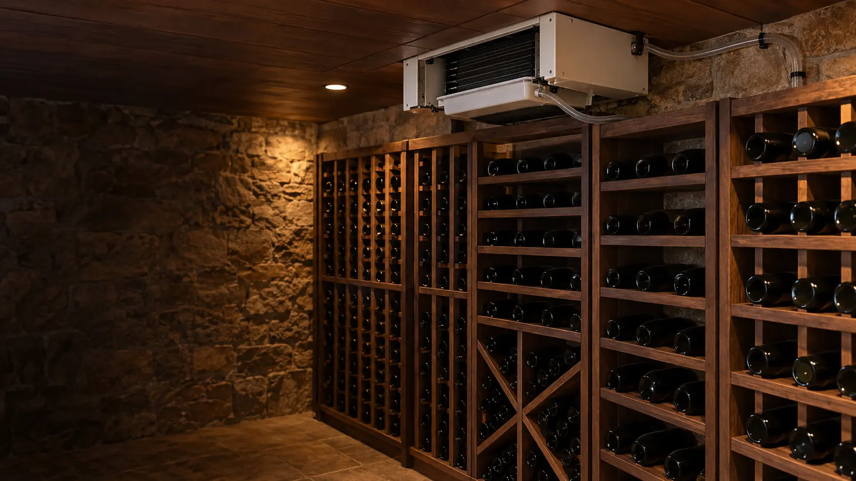A wine cellar with a white ceiling-mounted evaporator above racks of unlabeled bottles, its grille taken off to show the drain pan, and a clear drain tube running along the ceiling edge to the wall.