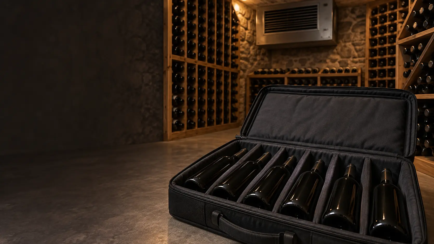 Close on unlabeled wine bottles laid on their sides in an open padded case on a cool basement floor.