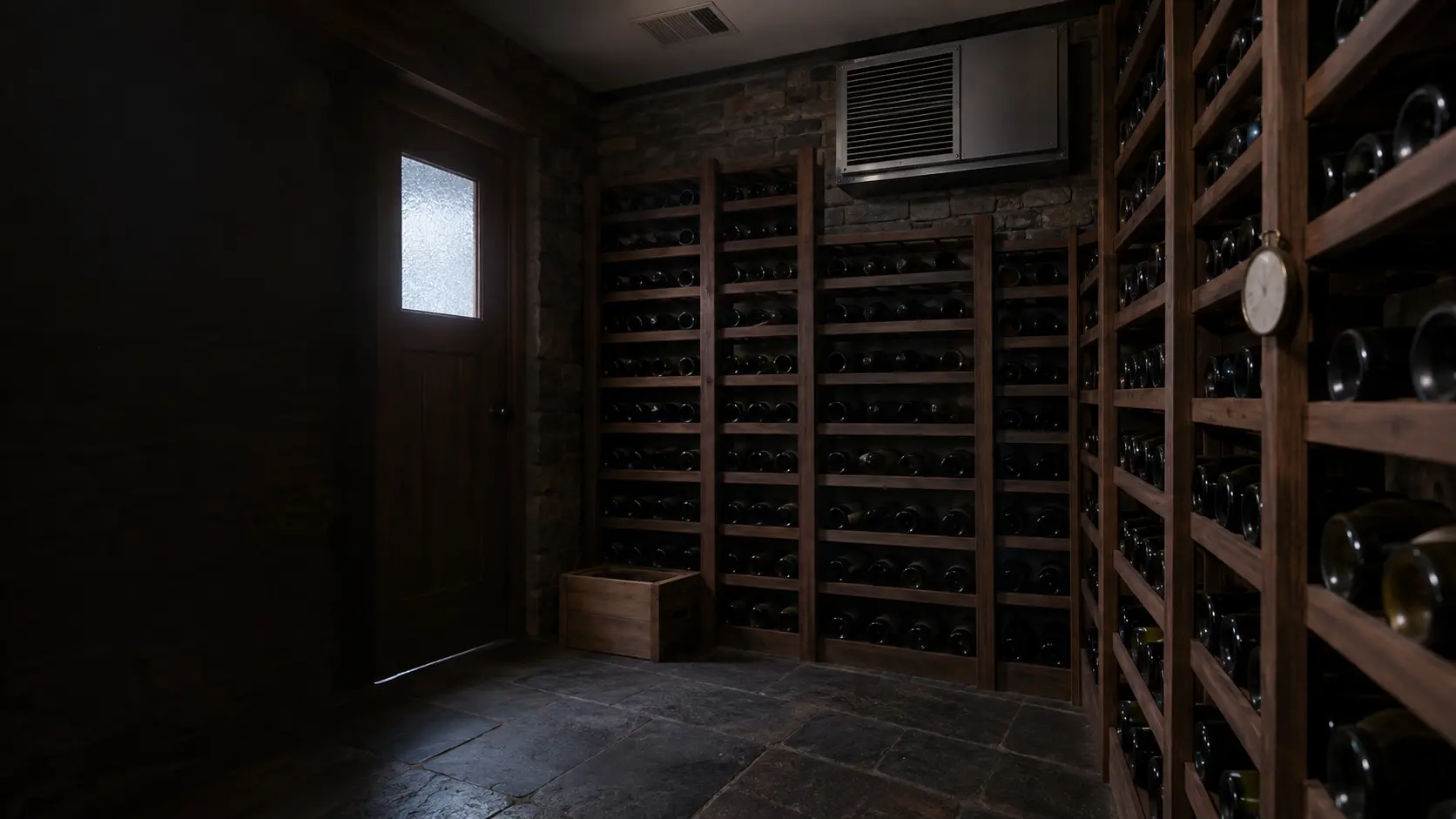 A dark, closed wine cellar room lit only by dim daylight from a small door window, wooden racks of bottles, a through-the-wall cooling unit grille high on the far wall with no light on its panel, a simple dial thermometer hanging on a rack post.