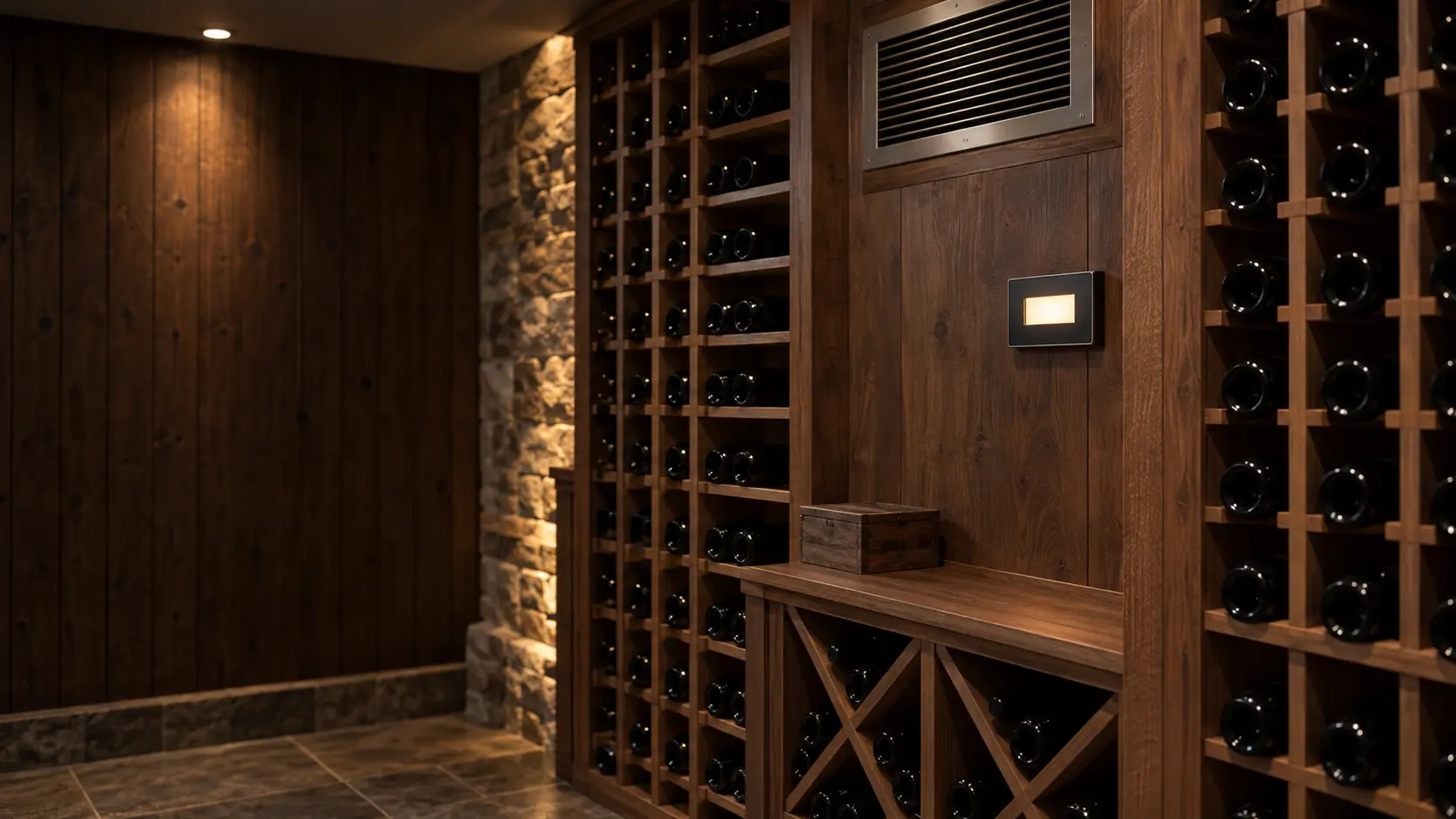 A small digital controller mounted on the wood-paneled wall of a wine cellar, beside racks of bottles, with the cooling unit's supply grille high on the wall above.