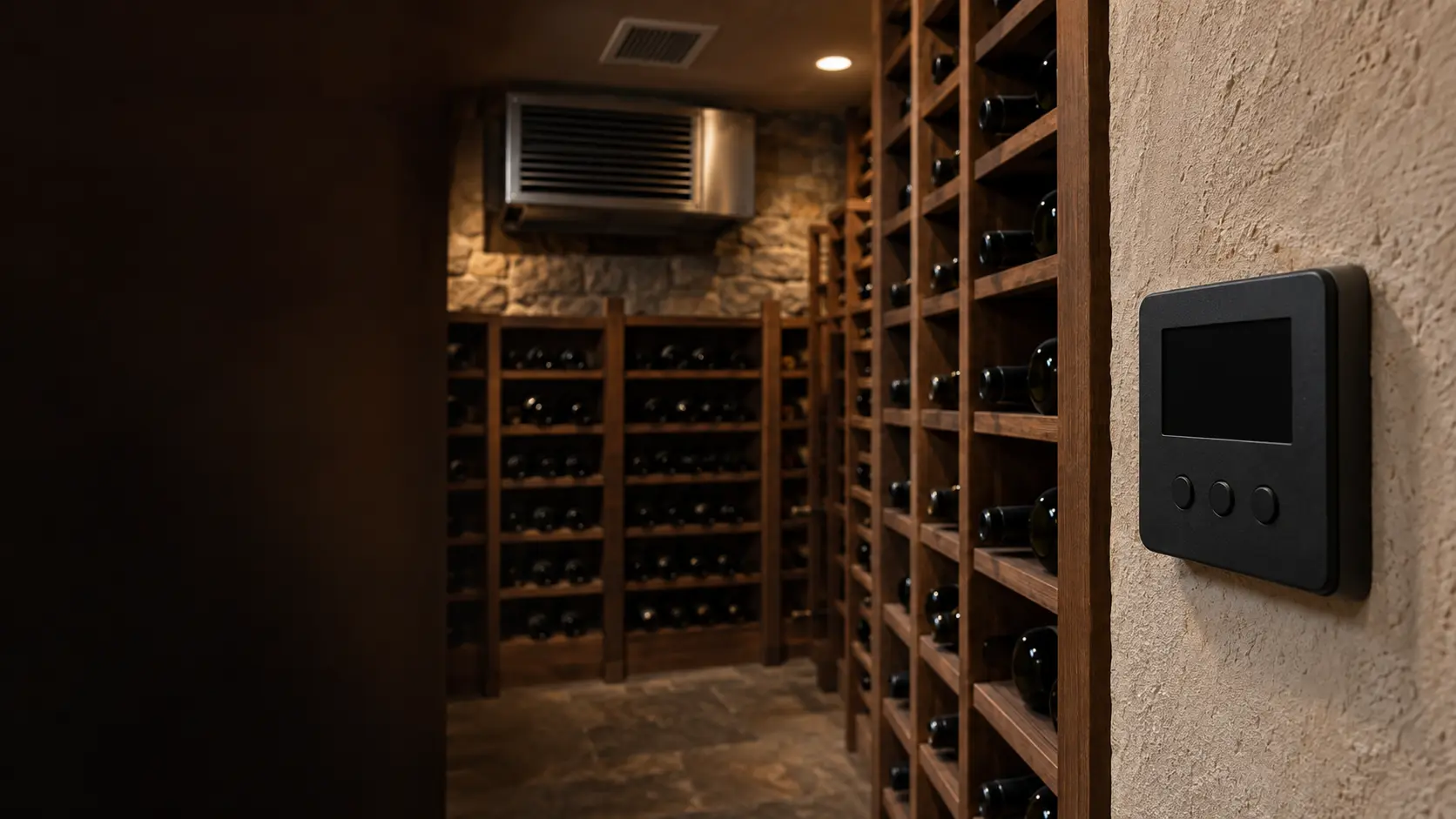 Close on a small wall-mounted cellar controller with a dark blank screen and three plain buttons, on a plastered wall.