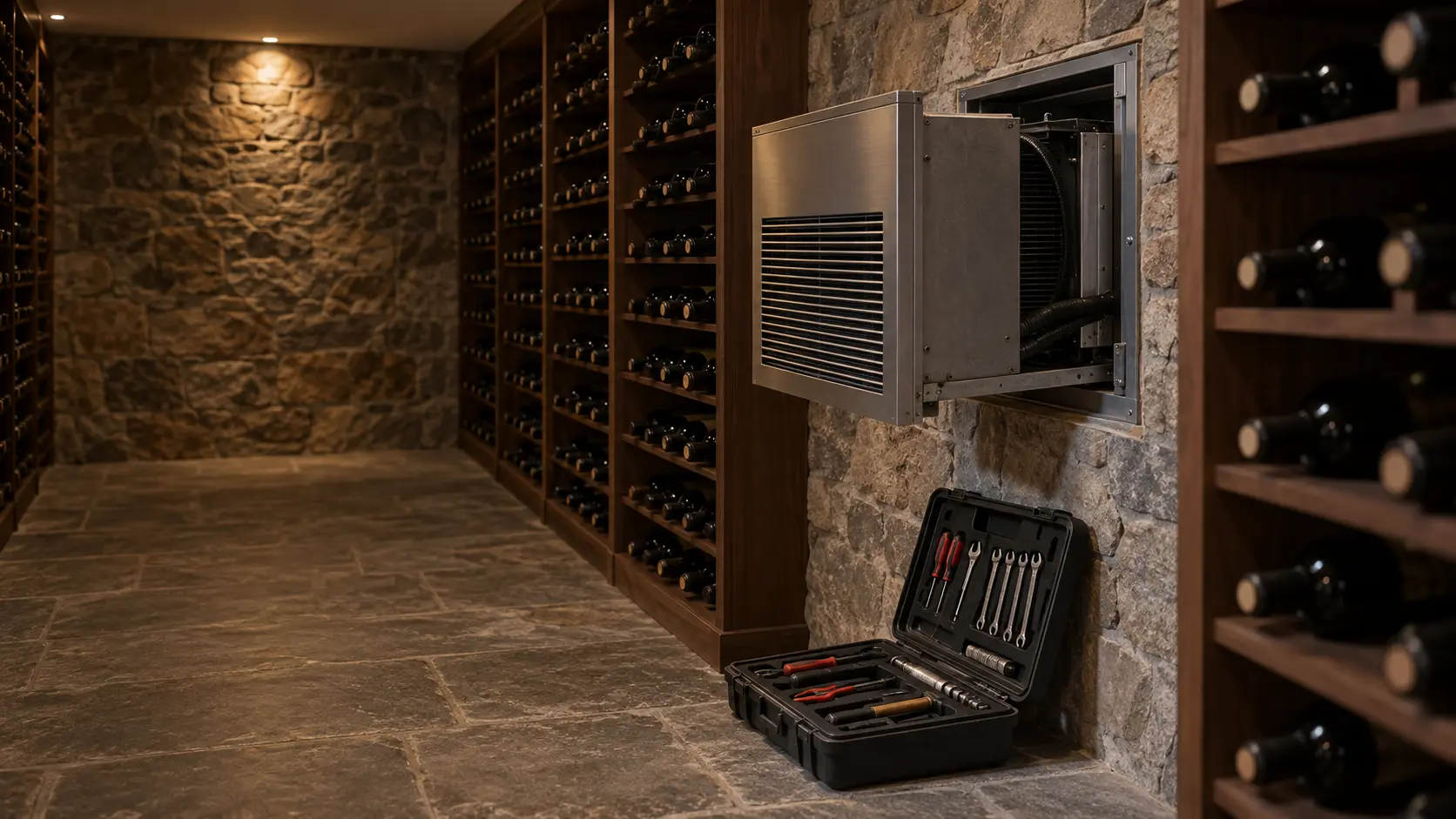 A wine cellar with its through-the-wall cooling unit slid partly out of the wall opening, a technician's tool case open on the stone floor and racks of unlabeled bottles along both walls, soft light from above.