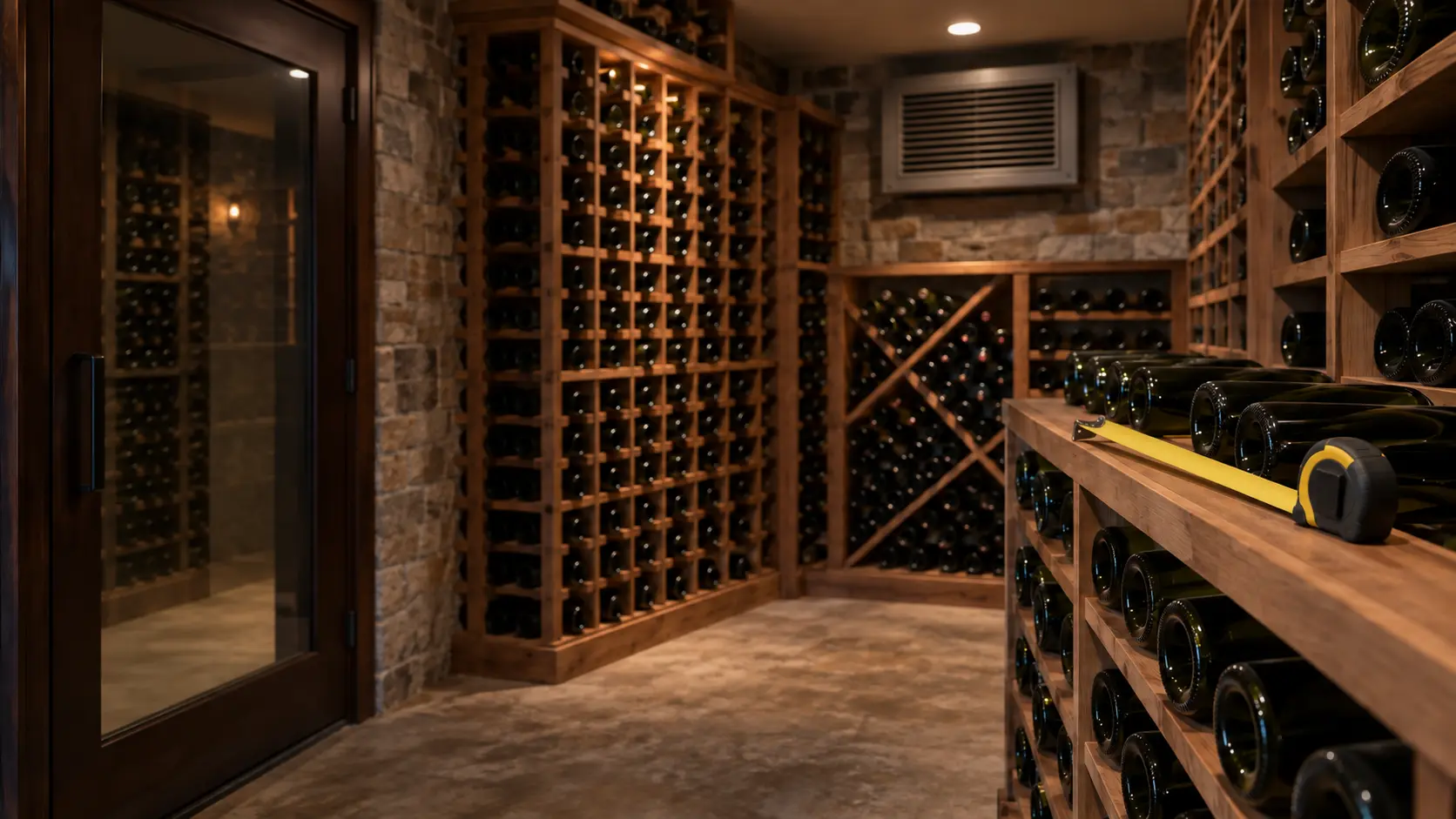 A small basement wine cellar with a tape measure lying open on a wooden rack of unlabeled bottles, a through-the-wall cooling unit's grille high on the far wall and a glass door with an insulated frame at one side.