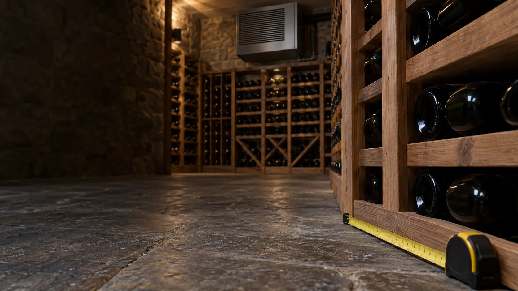 Close on a tape measure stretched along the base of a tall wooden wine rack on a stone cellar floor.
