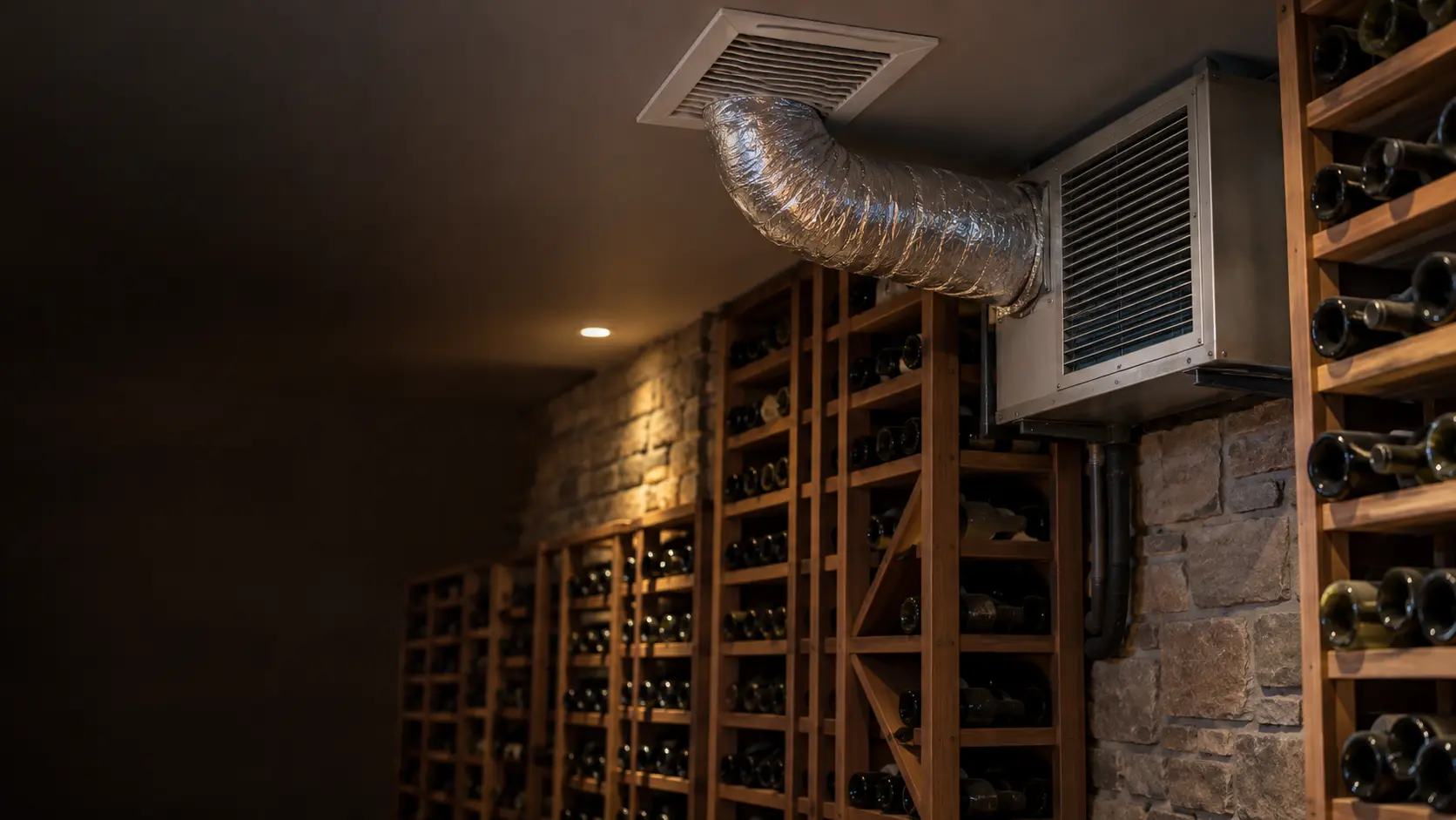 Close on a round insulated duct meeting a ceiling supply grille in a wine cellar, racks of unlabeled bottles below.