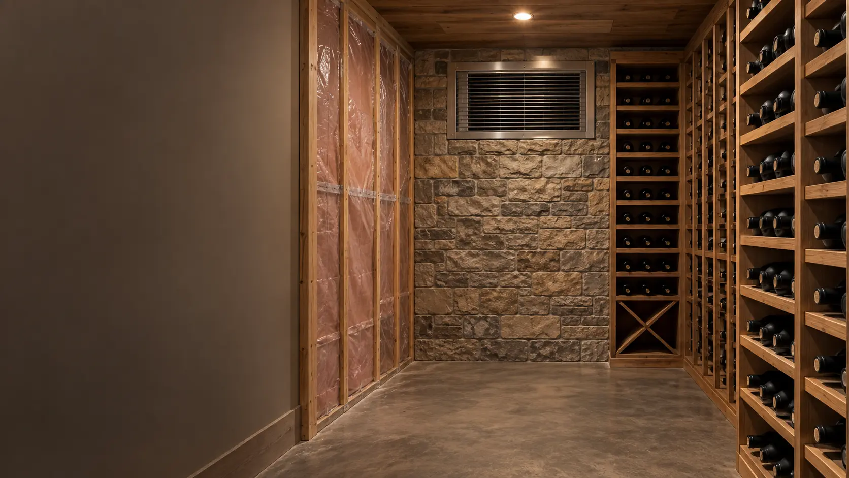 A wine cellar room under construction with open wall studs, pink insulation and clear plastic sheeting taped across one wall, a finished section of wooden racking with bottles on the other side, a through-the-wall cooling unit opening framed high on the back wall.