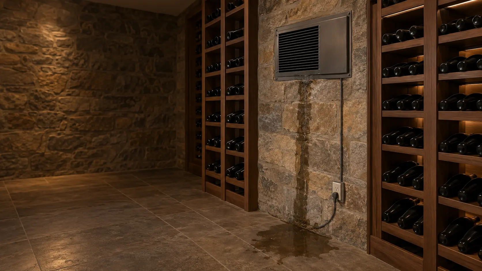 An empty wine cellar room with a through-the-wall cooling unit grille high on a stone wall, a thin wet streak running down the wall below it toward a wall outlet near the floor, a small puddle on the tile beneath, bottles on wooden racks to one side.