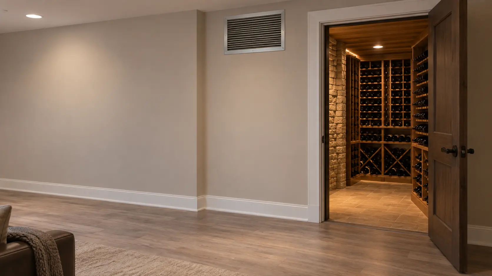 The warm side of a through-the-wall wine cellar cooling unit seen from a spacious finished basement room, a plain louvered exhaust grille set high in a painted wall with open floor space in front of it, a glimpse through a partly open cellar door of racks holding bottles.