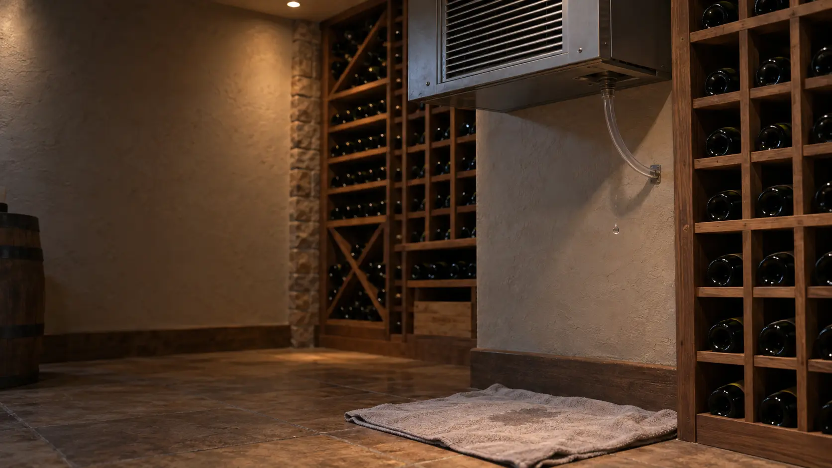 Inside a plaster-walled wine cellar, the underside of a through-the-wall cooling unit high near the ceiling, a clear drain tube leaving it and a towel spread across the tile below one falling drop, wood racks of bottles to one side.
