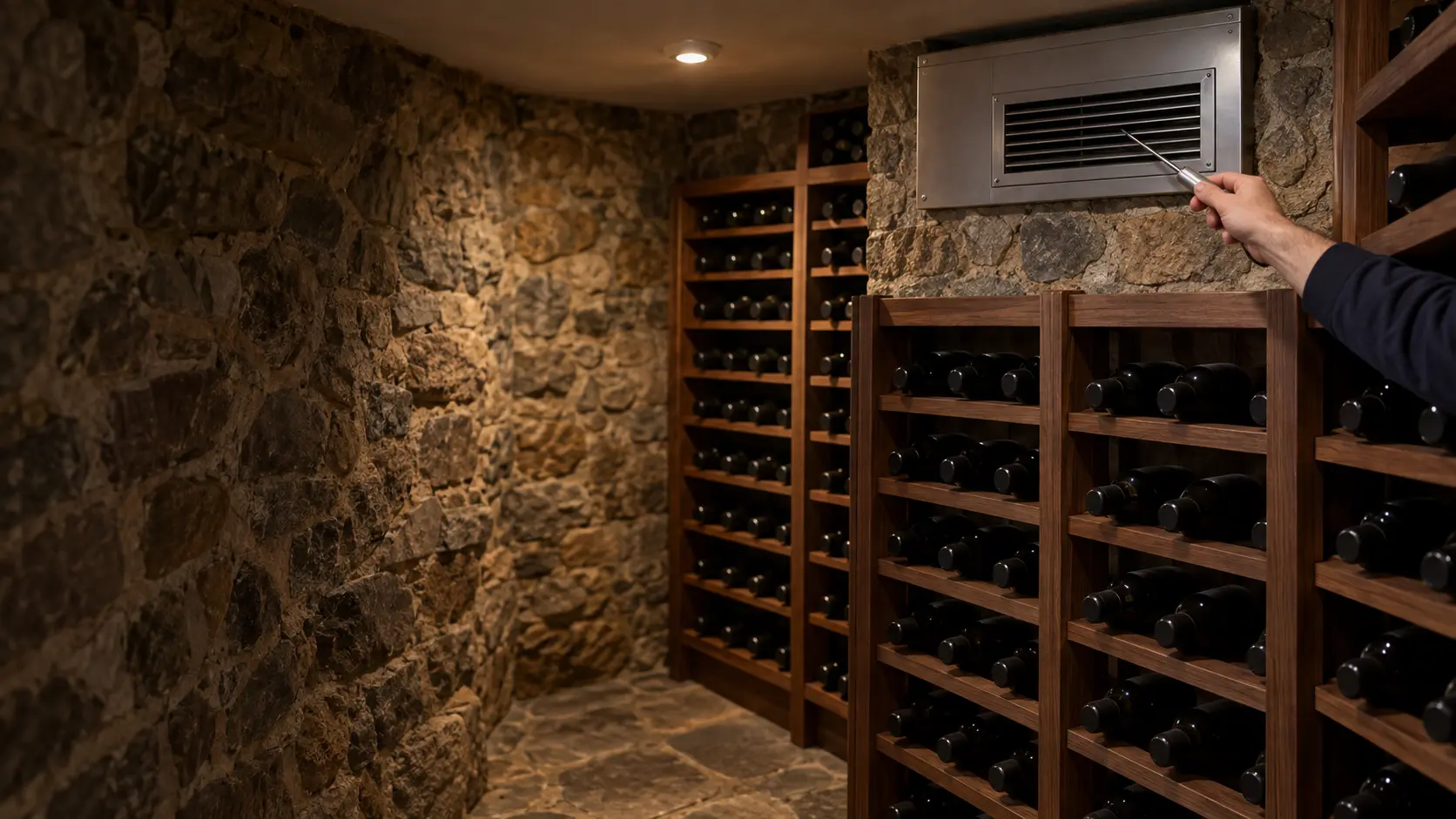 Rough fieldstone walls and walnut racking full of bottles in a home wine cellar, a through-the-wall cooling unit's grille set high on the far wall just under the ceiling, and a hand holding a slim probe thermometer in the cold air leaving it.