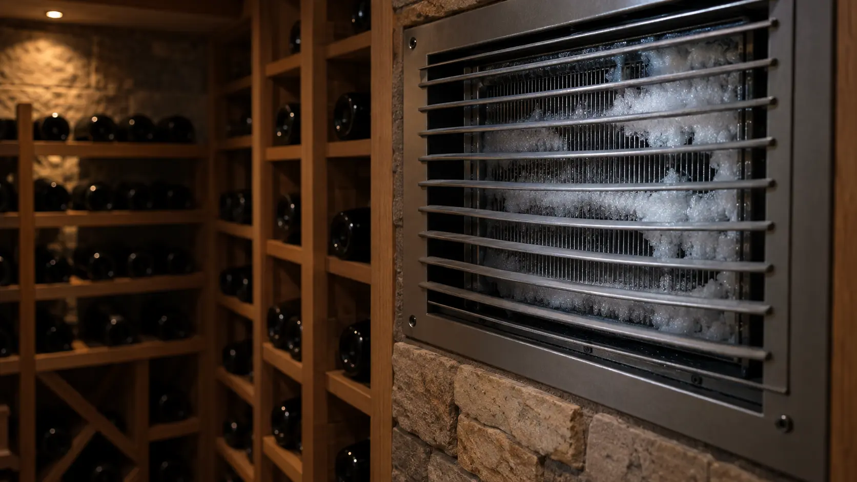 A close view through the cellar-side grille of a wine cellar cooling unit, white ice packed between the aluminum fins of its coil, with a corner of wood racking and bottles softly out of focus behind.
