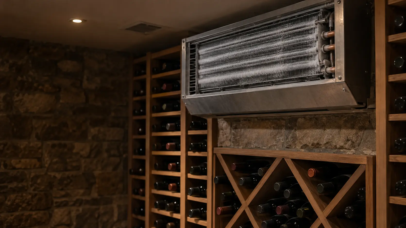 Close on thin frost across the aluminum fins of a split-system evaporator coil mounted high in a wine cellar.