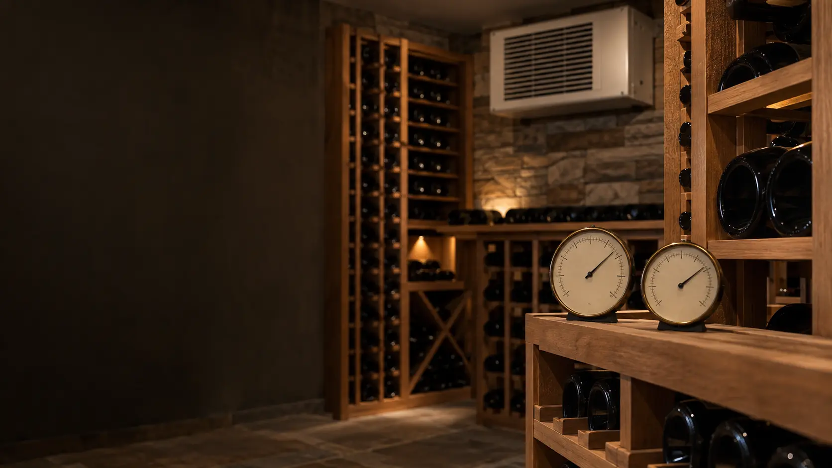 A hygrometer and a thermometer resting on a wooden rack in a wine cellar.