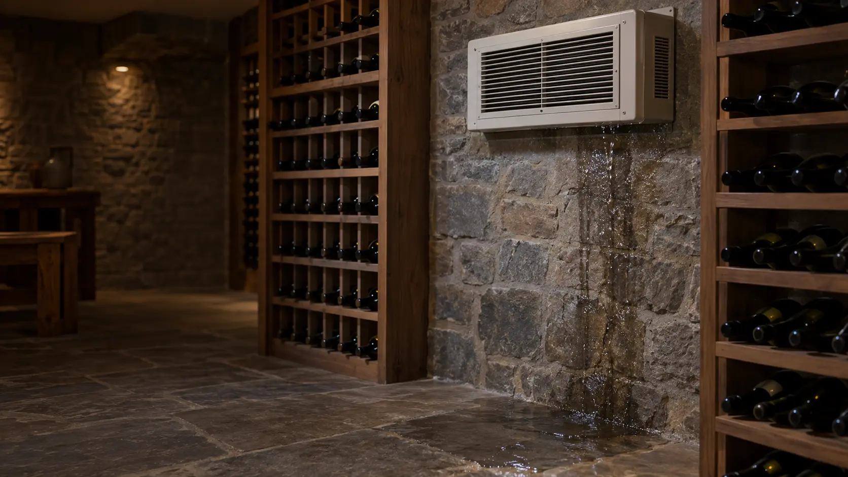 Beads of water running down the wall below a cellar cooling unit onto a stone floor.