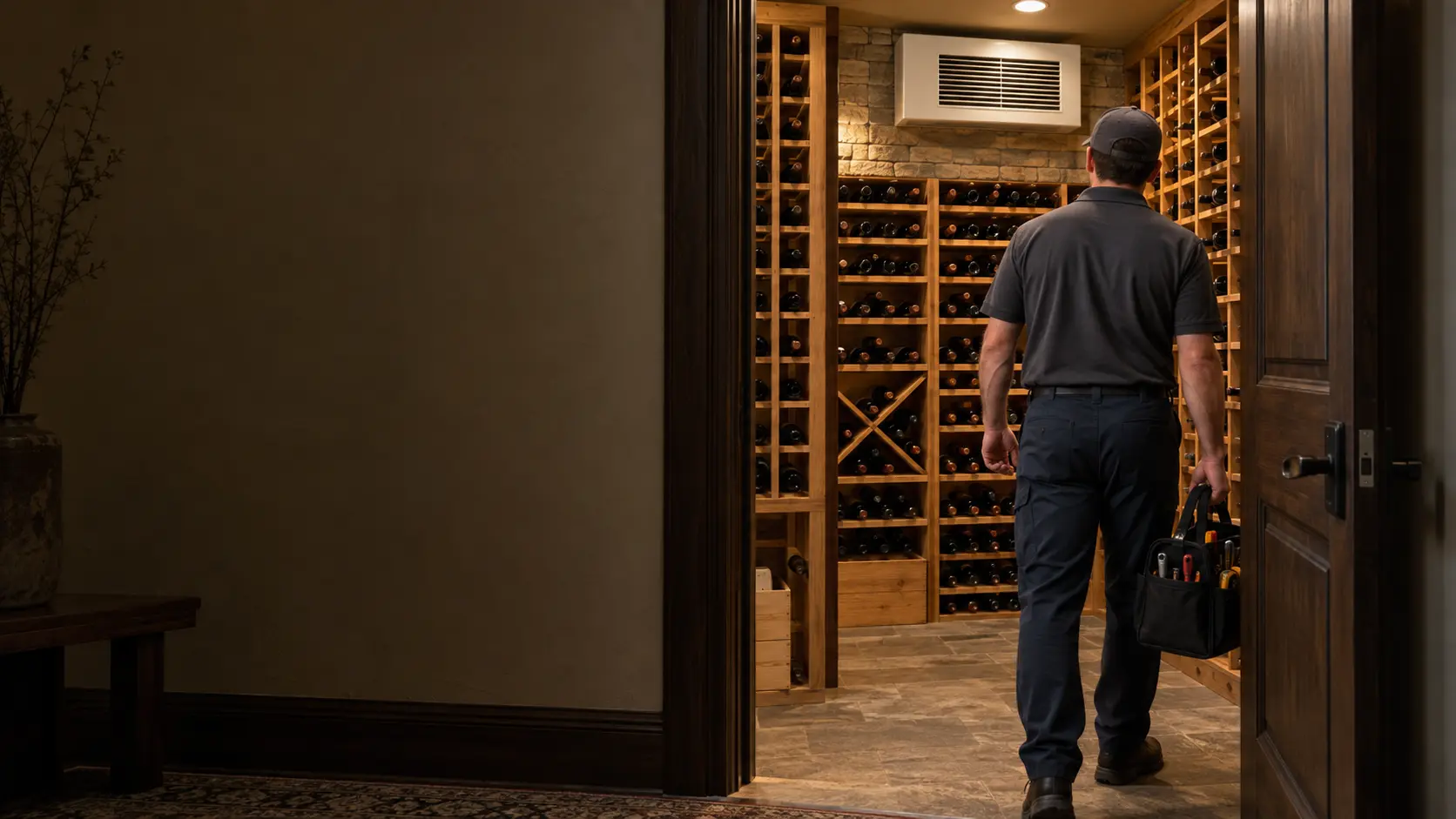 A technician arriving at the door of a lit wine cellar with a tool bag, seen from behind.