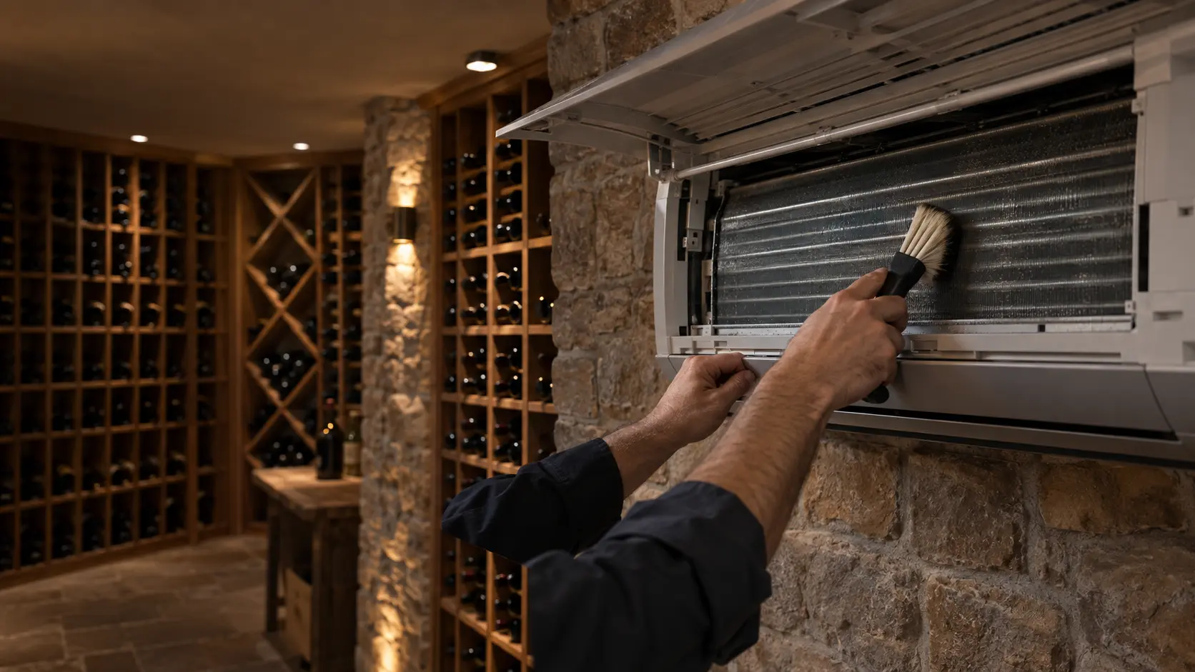 A technician's hands cleaning the coil of a split-system evaporator in a wine cellar with a soft brush, the unit switched off.