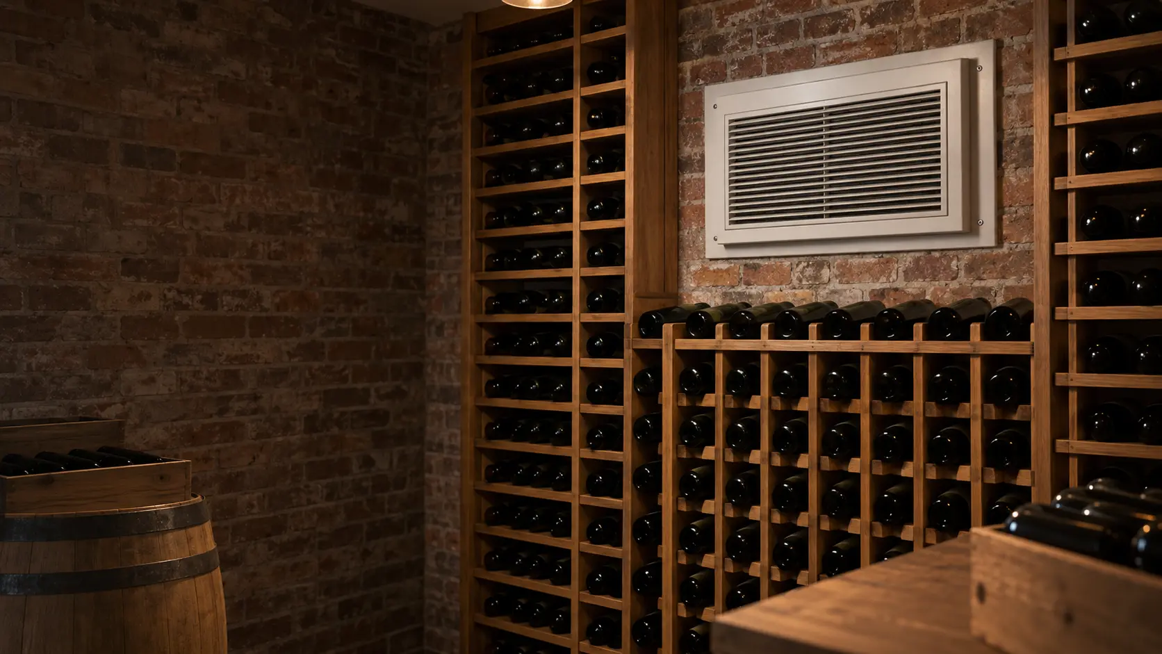A through-the-wall cellar cooling unit high on a brick cellar wall above racks of bottles.