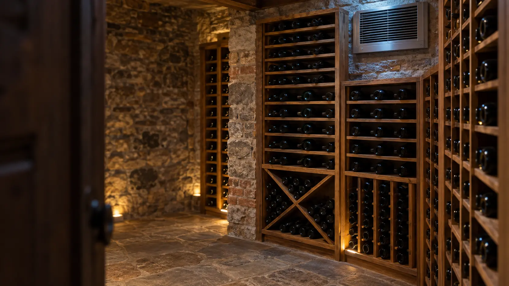The cooling unit in a Chicago house's basement stone wine cellar with a through-wall cooling unit, seen from the cellar door.
