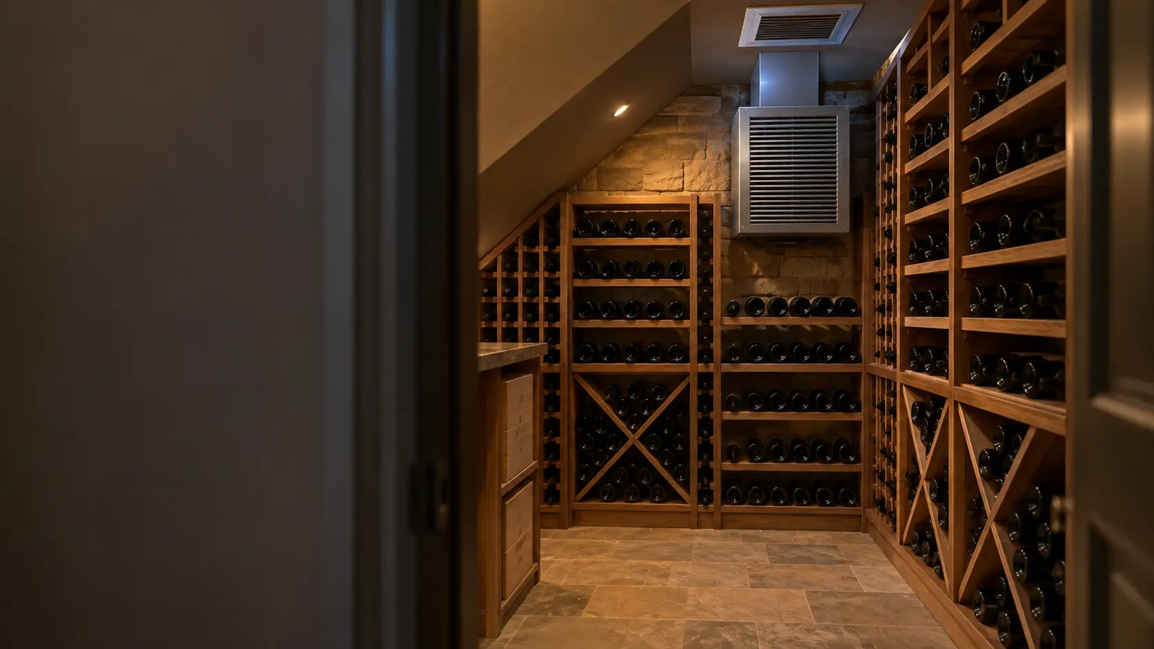 The cooling unit in a Houston home's large wine room under the stairs with a ducted ceiling grille, seen from the cellar door.