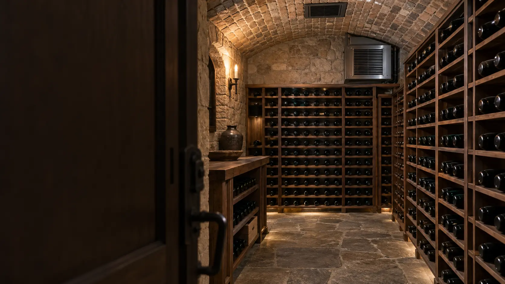 The cooling unit in a Los Angeles hillside home's wine cellar dug into the slope, an arched ceiling and a supply grille, seen from the cellar door.