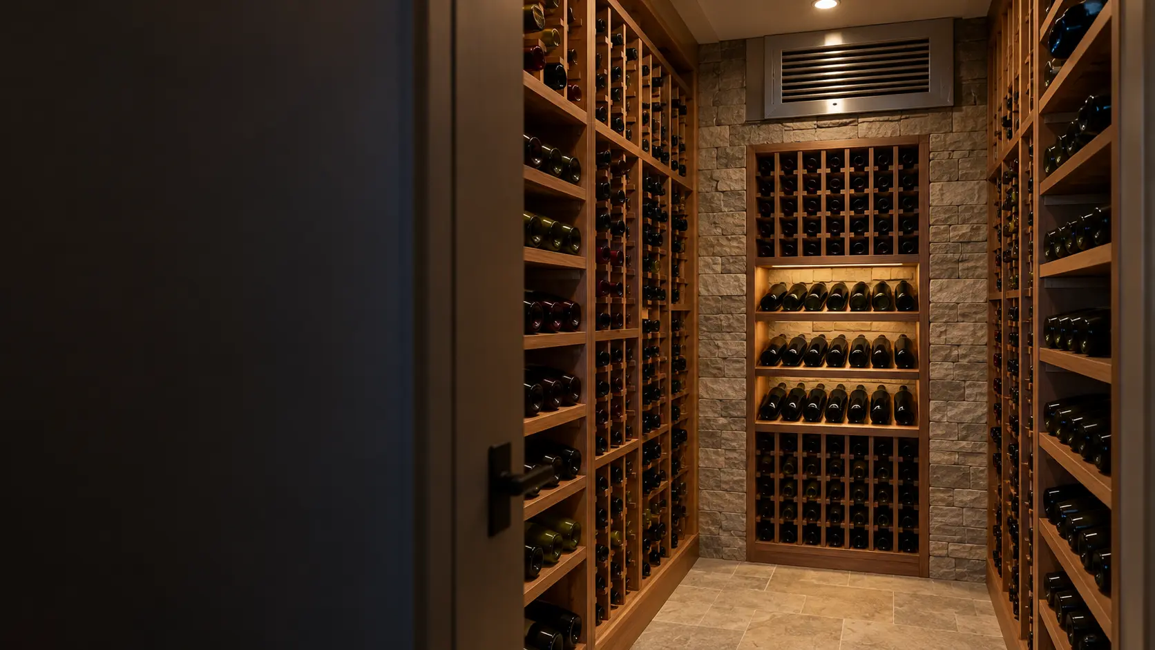 The cooling unit in a Florida home's converted closet wine room with a slim cooling unit grille above the door, seen from the cellar door.